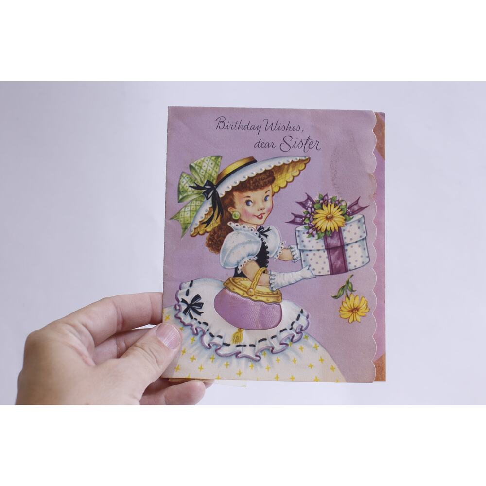 Victorian Dress, Girl, Sister, Birthday Wishes, Used, Greeting Card, Folding,